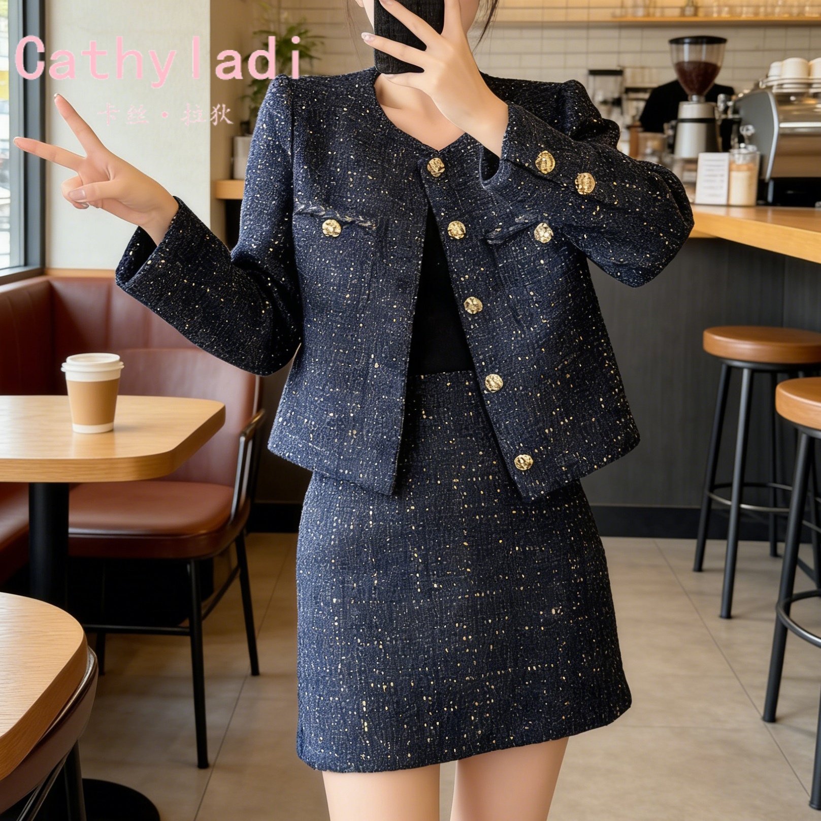 CATHYLADI千金高级感小香风套装2026年冬季轻奢外套半身裙两件套