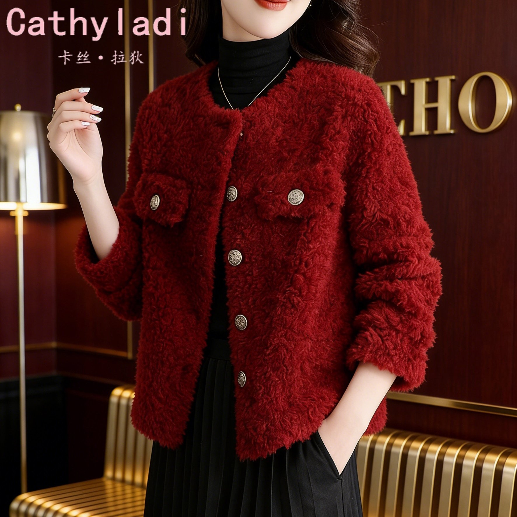 CATHYLADI马年中国红短款外套2026年冬季保暖气质轻奢圆领上衣女,女装/女士精品,短外套,淘宝优惠券,粉丝福利购,淘宝优惠卷