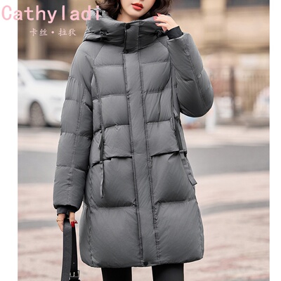 CATHYLADI灰色中长款连帽羽绒服