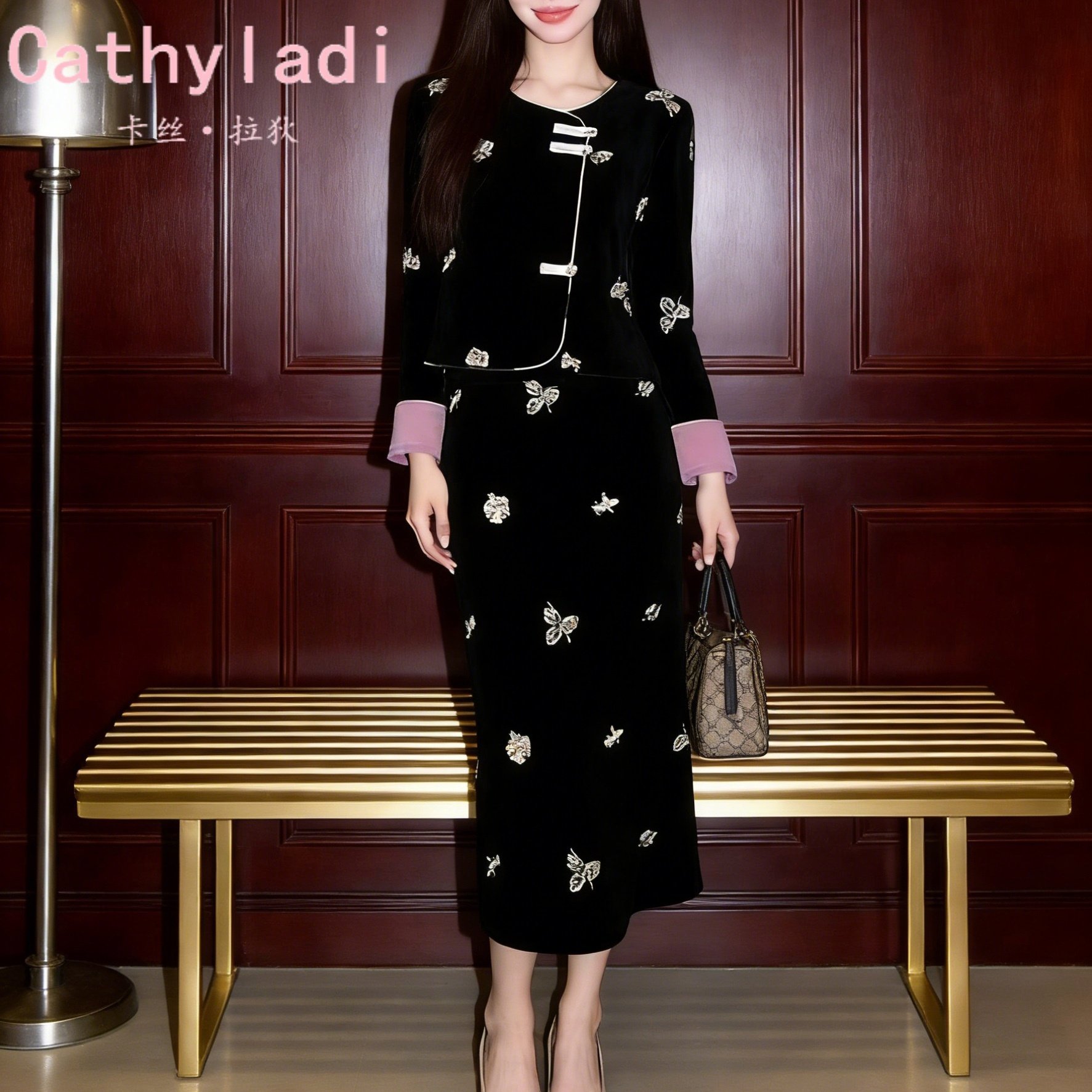 CATHYLADI新中式国风黑色套装2026年春季气质上衣半身裙两件套女