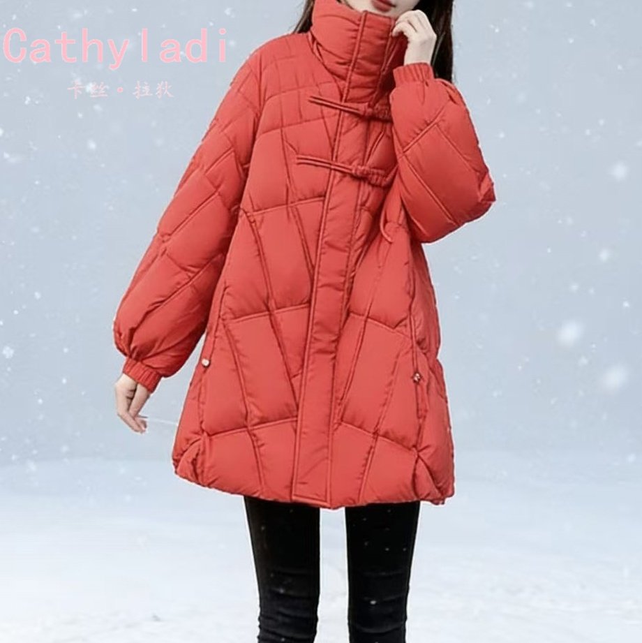CATHYLADI红色保暖中长款羽绒服2025年冬季小个子时尚宽松外套女