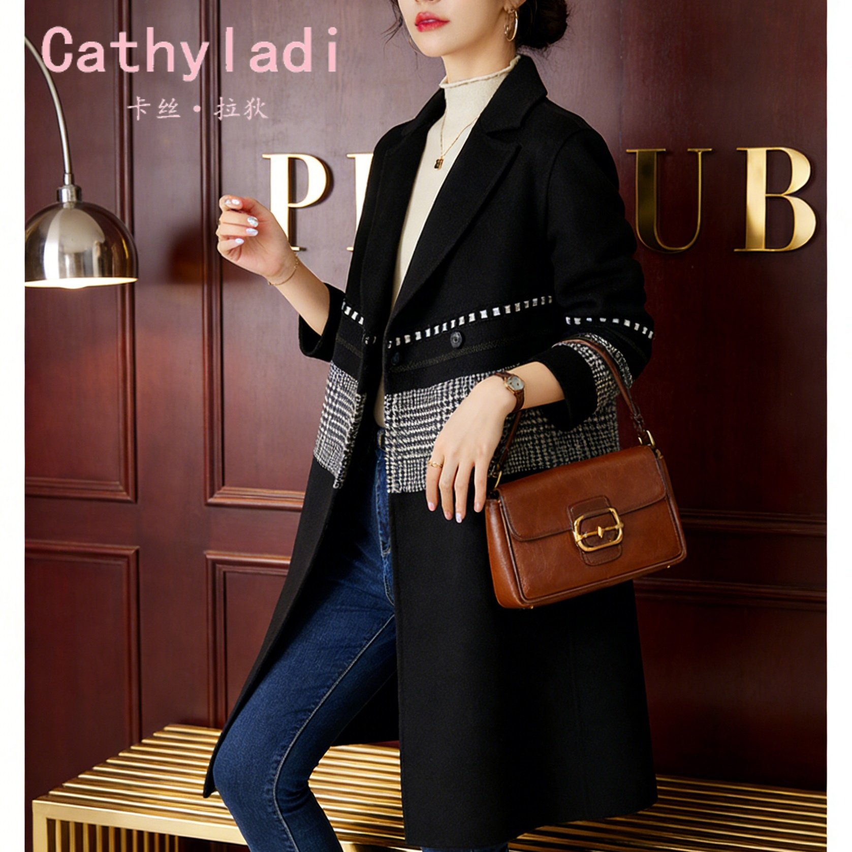 CATHYLADI时尚西装领毛呢外套2026年冬季轻奢别致法式中长款大衣