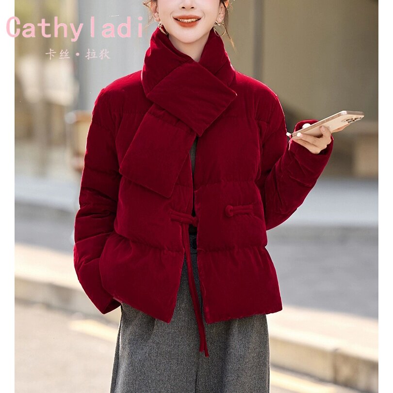 CATHYLADI红色时尚新款羽绒服2025冬季气质通勤设计感保暖外套女