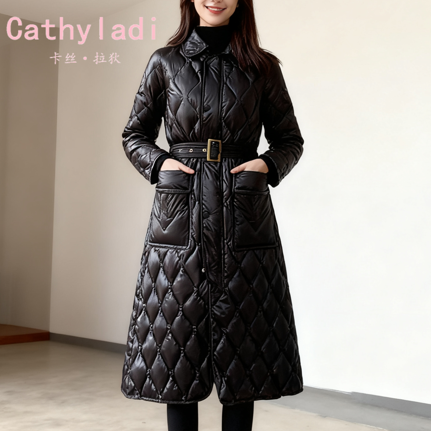 CATHYLADI新款修身长款羽绒服2025年冬季加厚保暖黑色亮面外套女