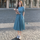 湖蓝色连衣裙女夏收腰气质法式修身赫本风初恋梗桔裙甜美温柔风，女装连衣裙，浙宝100