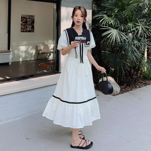 海军领法式桔梗连衣裙女夏2025新款撞色甜美白色轻熟风泡泡袖裙子图片