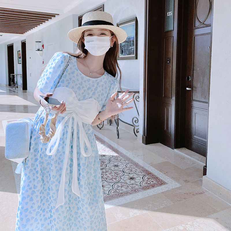 蓝色碎花盐系假两件连衣裙女2023夏季新款法式温柔风别致绝美长裙,女装连衣裙,浙宝100