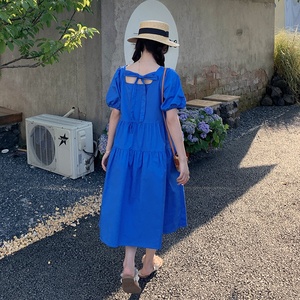 2025夏季新款韩版克莱因蓝法式复古桔梗连衣裙女小个子宽松显瘦裙图片