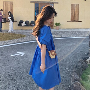 2025夏季新款韩版克莱因蓝法式复古桔梗连衣裙女小个子宽松显瘦裙图片
