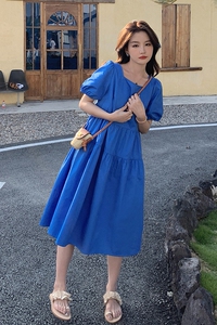 2025夏季新款韩版克莱因蓝法式复古桔梗连衣裙女小个子宽松显瘦裙图片