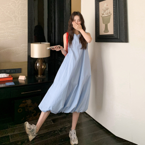 蓝色小清新超好看甜美减龄无袖蓬蓬裙夏季温柔风别致显瘦连衣裙女,女装连衣裙,浙宝100