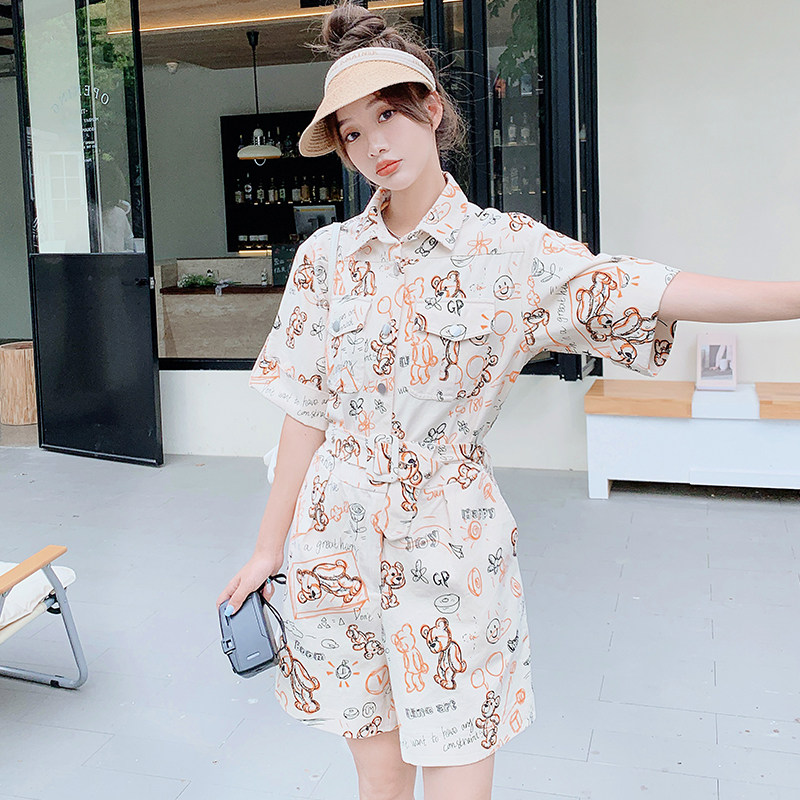 设计感小熊印花工装连体裤女夏季2024新款小众时髦高腰短裤连衣裤,女装连体裤,浙宝100