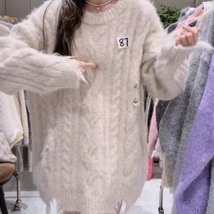 韩版 慵懒风破洞设计感毛衣女秋冬新款 纯色套头圆领针织百搭上衣潮