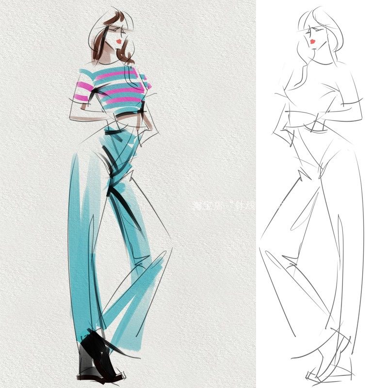 服装设计草图|时装画手绘线稿|服装效果图代画|服装配饰图3124888