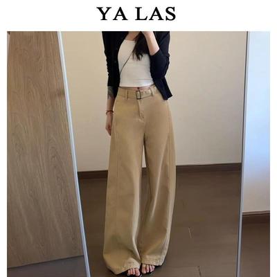 美式卡其阔腿牛仔裤女2025春季新款高腰宽松显瘦配腰带休闲直筒裤