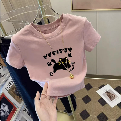 纯棉女士短袖上衣短款正肩T恤露肚脐2025年新款辣妹夏天打底衫