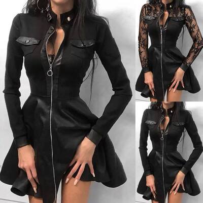 Women Long Sleeve Zipper Pocket Large Hem Faux Leather Lace