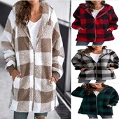 Plaid Women Long Hooded Pocket Zip Plush 2025 Sleeve