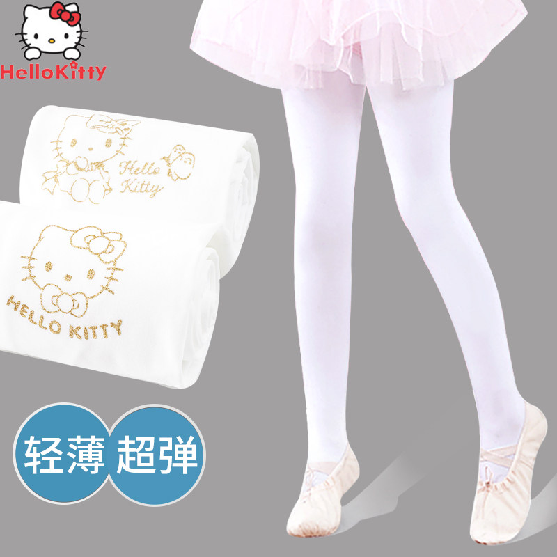 凯蒂猫儿童连裤袜女夏季薄款丝袜舞蹈白色天鹅绒透气跳舞女孩袜子