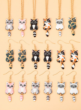 欧美跨境新款可爱猫咪项链合金卡通可爱甜美清新呆萌猫咪耳饰配饰