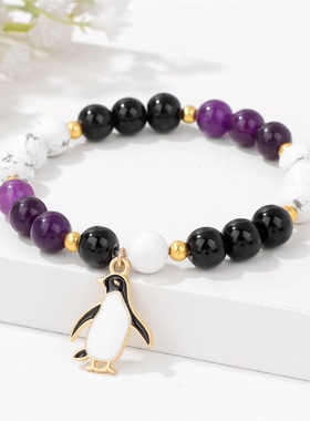 卡通可爱企鹅手链天然石头串珠亚马逊新款小众设计跨境手串网红款