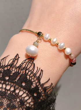 韩版韩式 不规则巴洛克淡水真珍珠碧玺色简洁手串手链手饰品