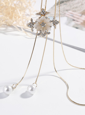 韩版花朵时尚百搭项链镶钻秋冬配饰合金猫眼石流苏珍珠长款项链