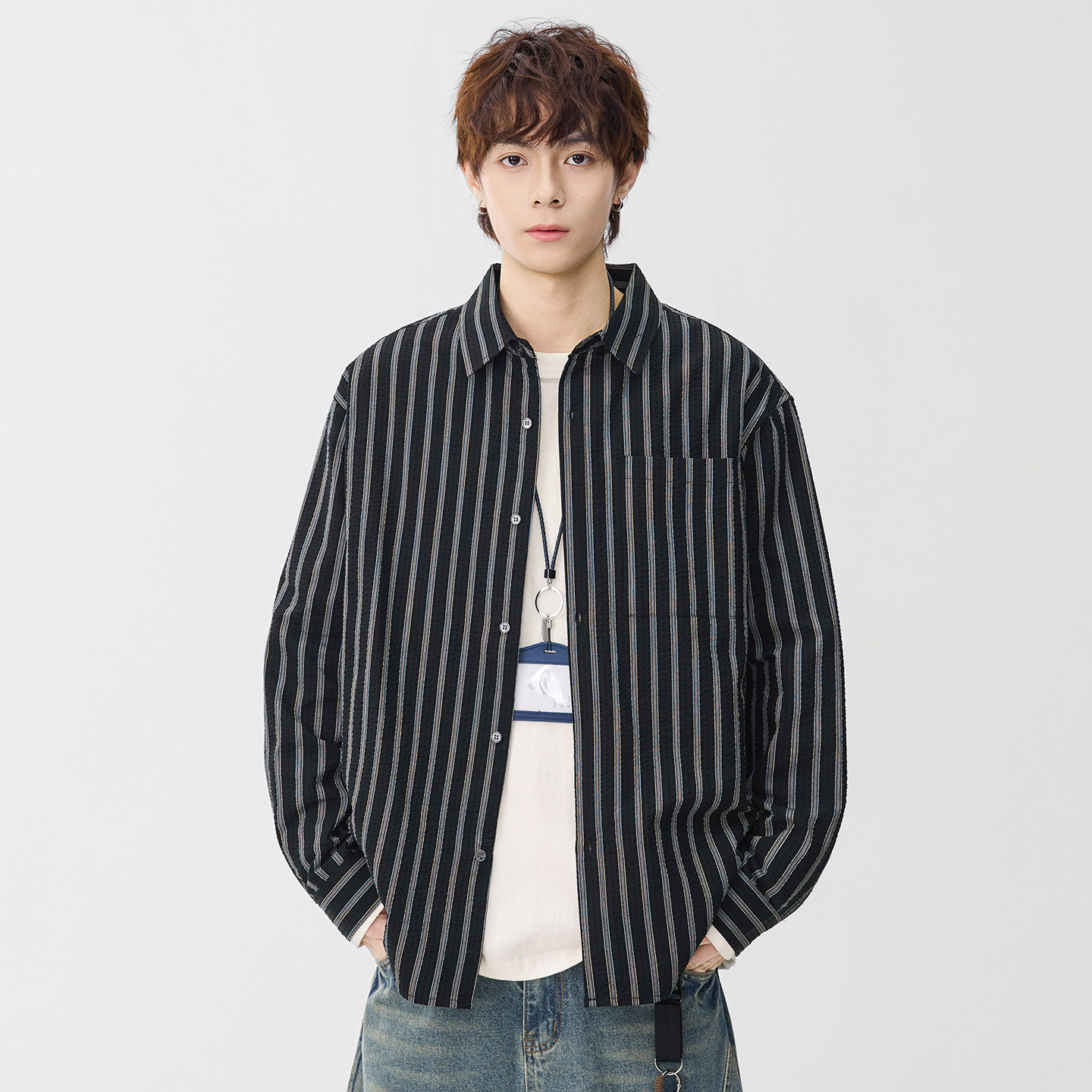 美式休闲立体泡泡纱长袖条纹衬衫 春季新款宽松潮男纯棉复古衬衣