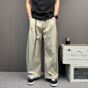 日系痞帅杏色阔腿休闲裤男士宽松打褶编织抽绳垂感百搭直筒拖地裤