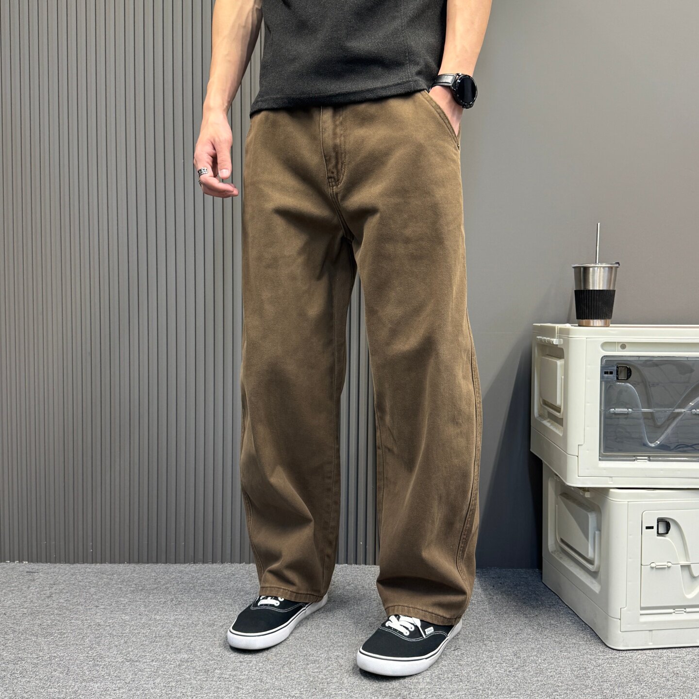 咖色宽松弯刀牛仔裤男秋冬新款百搭高级感直筒裤休闲裤子四季通用