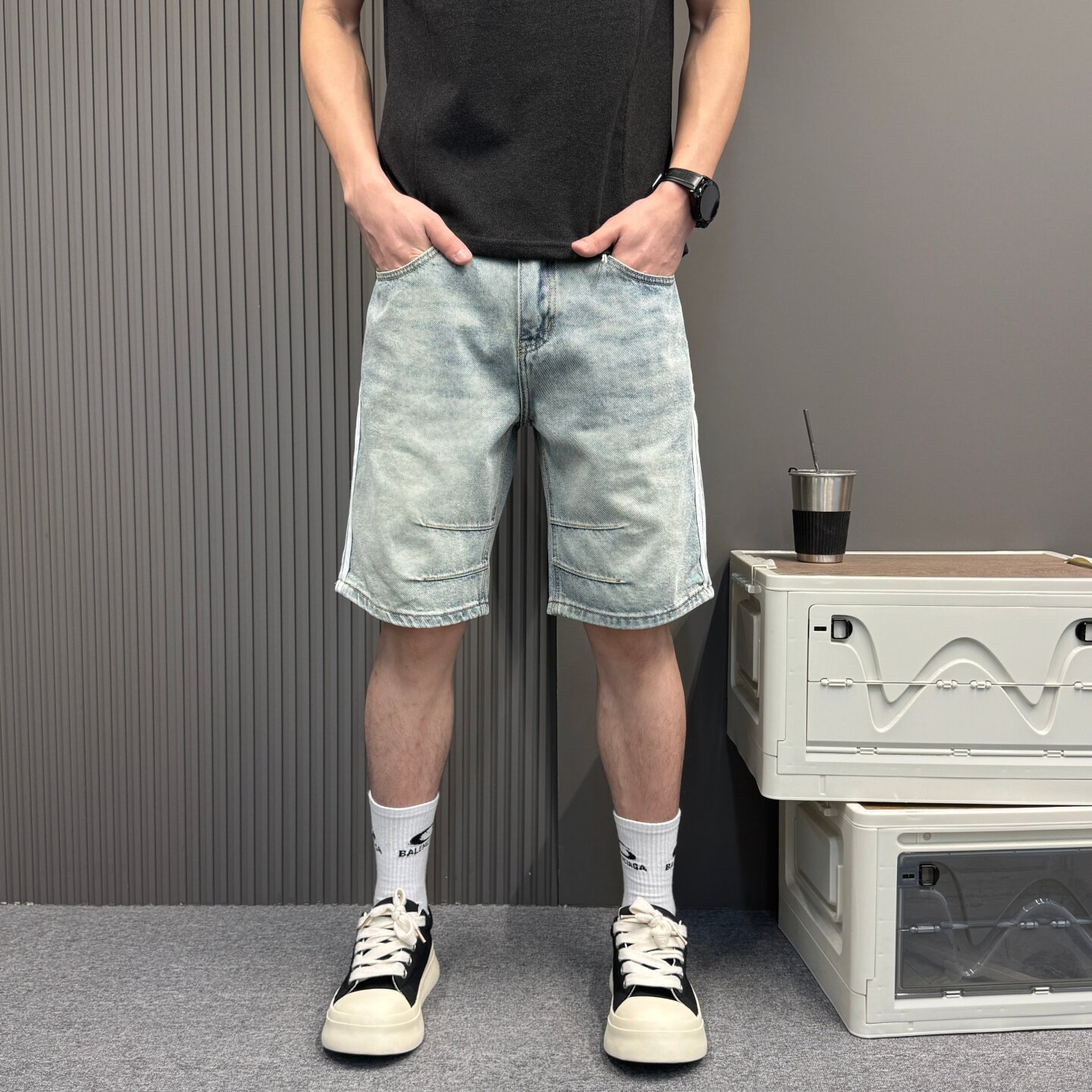 美式牛仔短裤男夏季2026新款裤子潮牌男休闲侧条纹三杠时尚沙滩裤