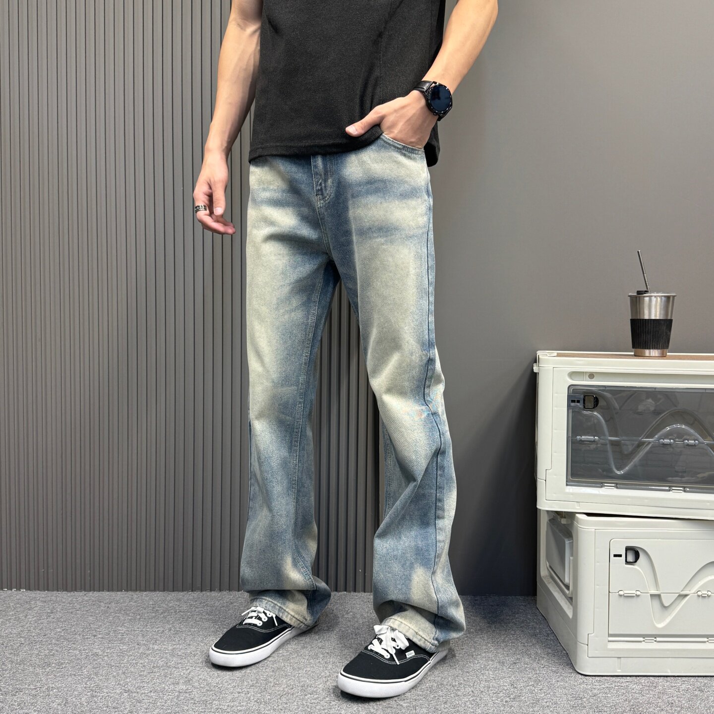 复古肌理感水洗蓝A字休闲直筒宽松cleanfit通勤百搭牛仔裤情侣款
