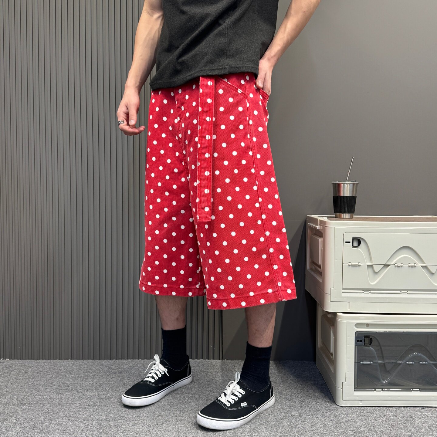 美式街头水洗波点七分牛仔裤宽松显瘦夏季红色直筒系带潮流裤子潮