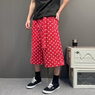 美式街头水洗波点七分牛仔裤宽松显瘦夏季红色直筒系带潮流裤子潮