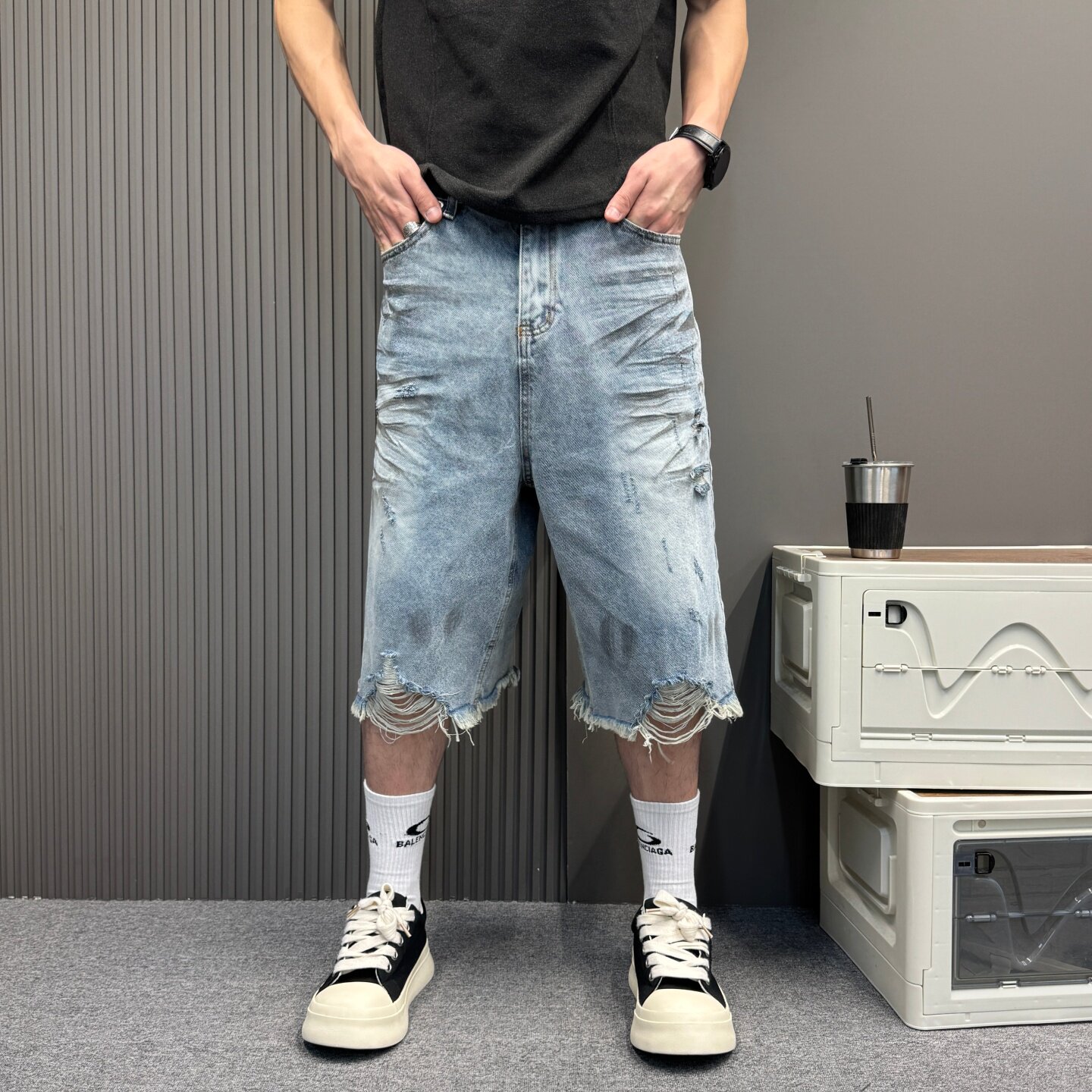 美式复古潮流裤子男款夏季休闲百搭通勤七分短裤宽松破洞街头牛仔
