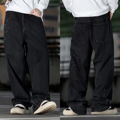 弯刀泼墨男士宽松直筒牛仔裤