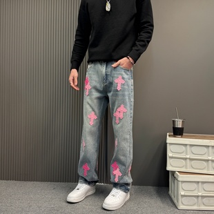 2026春秋季新款韩版时尚显瘦十字架皮标牛仔裤设计感休闲直筒长裤
