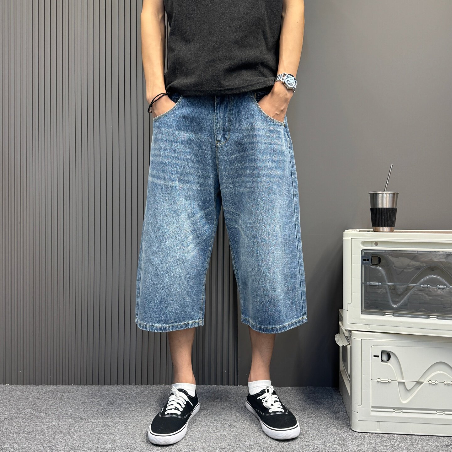 韩版时尚都市宽松阔腿七分裤男女同款做旧直筒显瘦牛仔短裤潮夏季