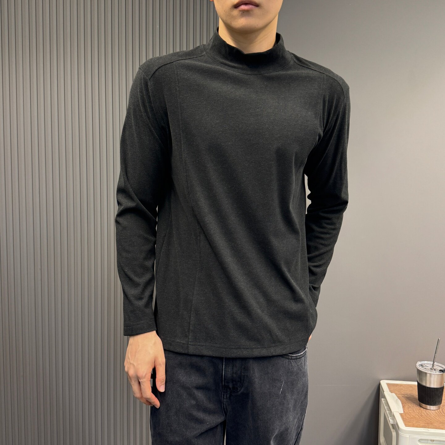 半高领打底衫男黑色宽松高领内搭上衣男士秋装高级感圆领t恤长袖