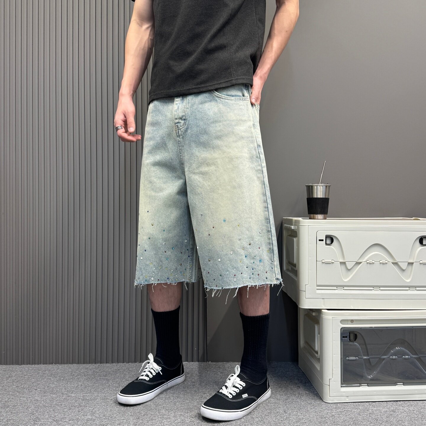 美式复古渐变彩色烫钻牛仔短裤男女款夏季新款宽松显瘦阔腿五分裤