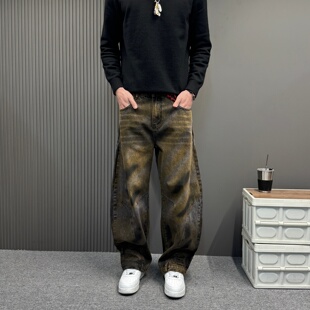 美式高街原色垂感牛仔裤男2026春秋季新款高级感宽松直筒阔腿裤子
