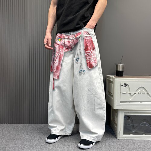 夏季美式高街双腰头假两件牛仔裤男格纹印花白色阔腿宽松直筒长裤
