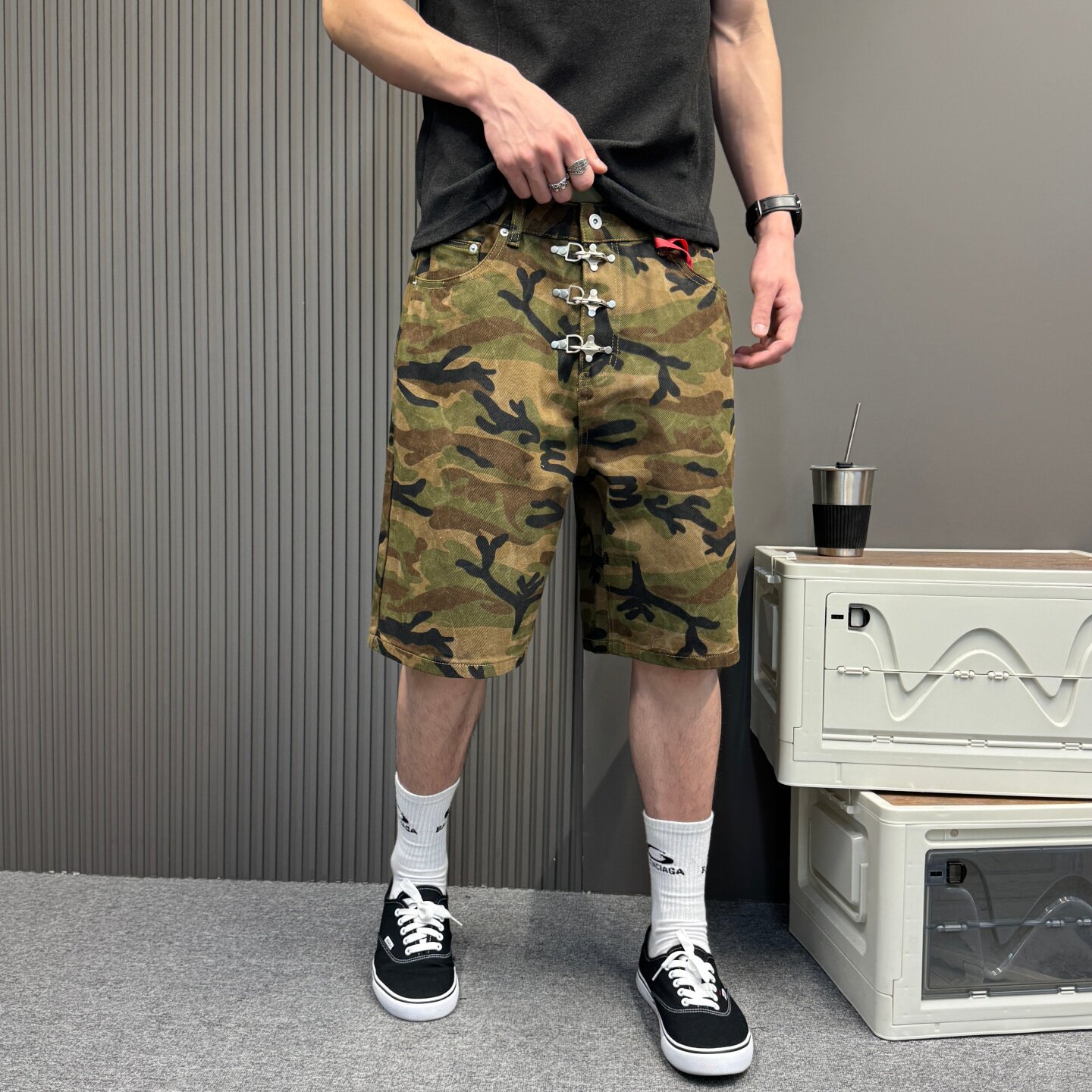 美式复古飞机扣设计迷彩工装短裤男潮牌宽松直筒牛仔裤潮流五分裤
