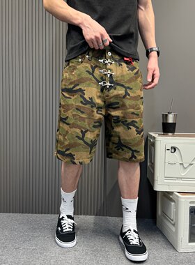 美式复古飞机扣设计迷彩工装短裤男潮牌宽松直筒牛仔裤潮流五分裤