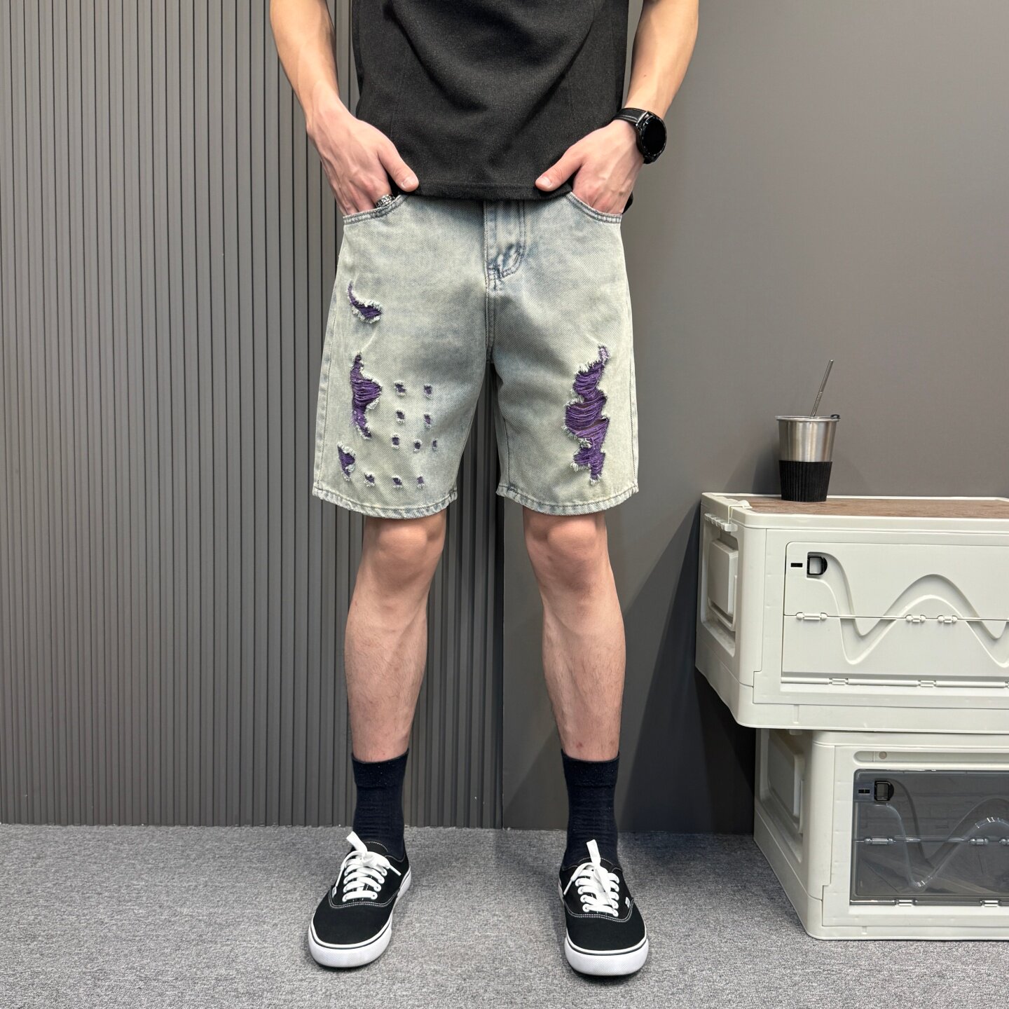 夏季薄款复古做旧浅蓝破洞牛仔短裤男潮流宽松休闲五分中裤子美式
