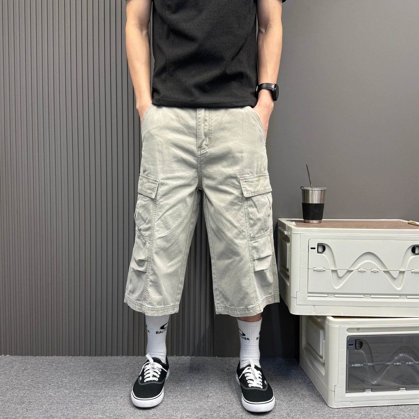 美式大口袋深灰色直筒七分工装裤男女通用夏季新款宽松显瘦八分裤