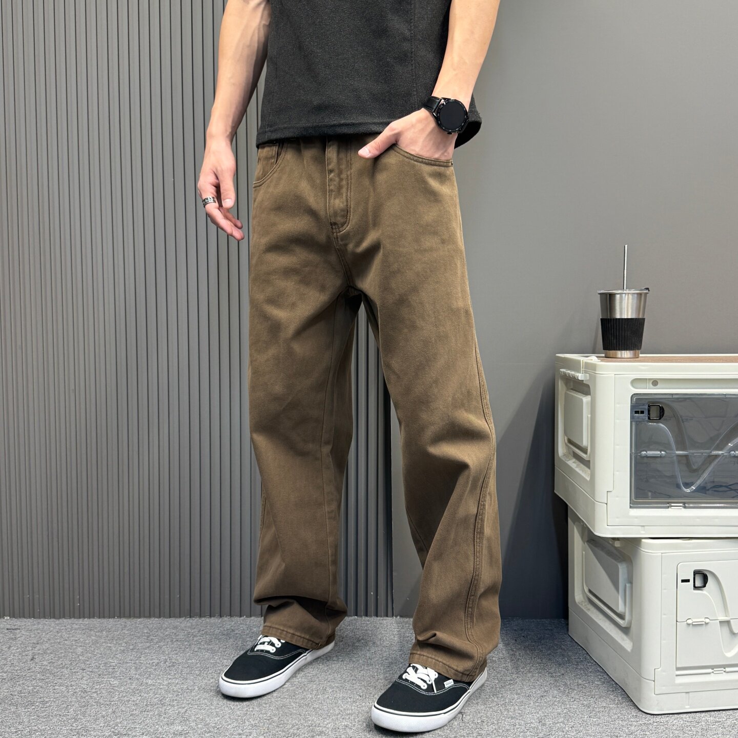 原创咖色牛仔裤男女同款复古cleanfit休闲不贴腿百搭直筒宽松长裤