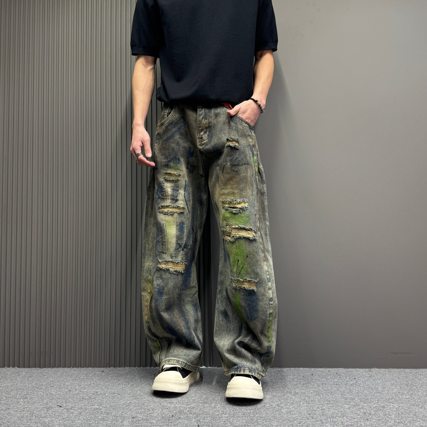 美式潮流喷墨废土风刮烂直筒牛仔裤男款重磅水洗做旧宽松阔腿长裤