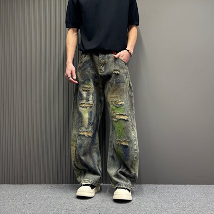 美式潮流喷墨废土风刮烂直筒牛仔裤男款重磅水洗做旧宽松阔腿长裤