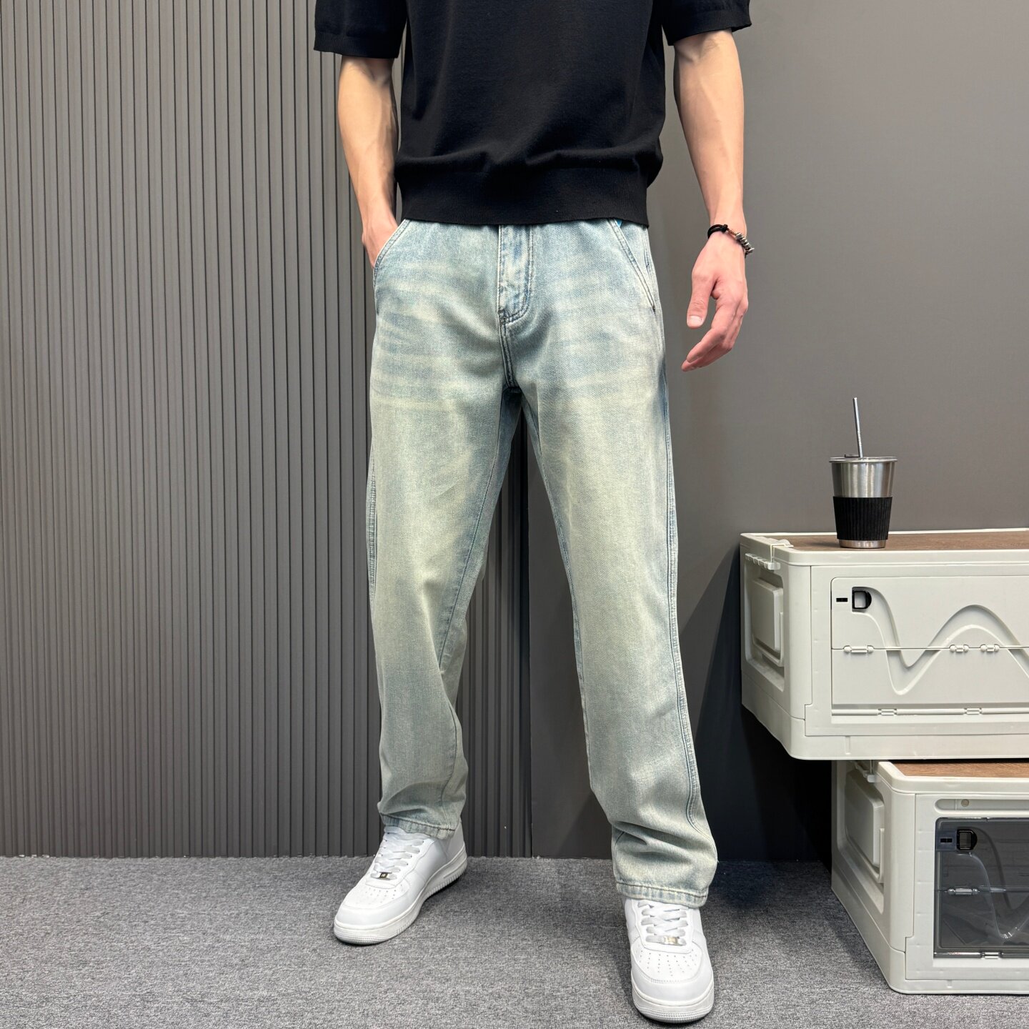 美式复古高端天丝直筒牛仔裤男宽松潮牌阔腿百搭显瘦休闲长裤子